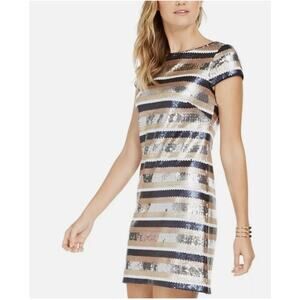 Vince Camuto Sequin Stripe Cocktail Dress Size 4 Gold Silver Black Mini Party